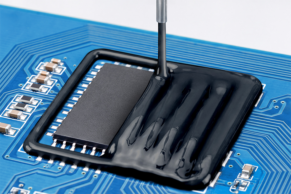 Schematic representation of a BMS printed circuit board onto which a polyurethane potting compound is being selectively applied using the dam-and-fill process.